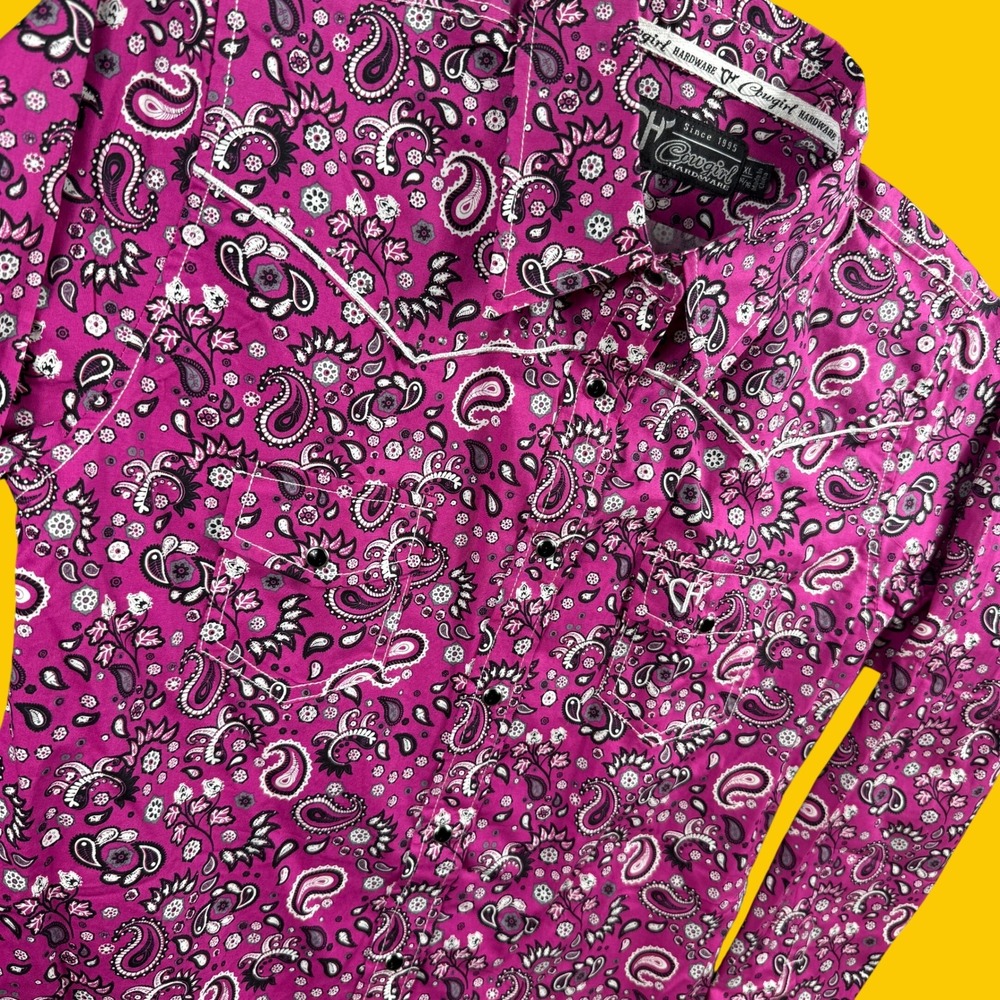 Cowgirl Hardware Western Shirt Women XL Pink Paisley Pearl Snap Rhinestone Rodeo